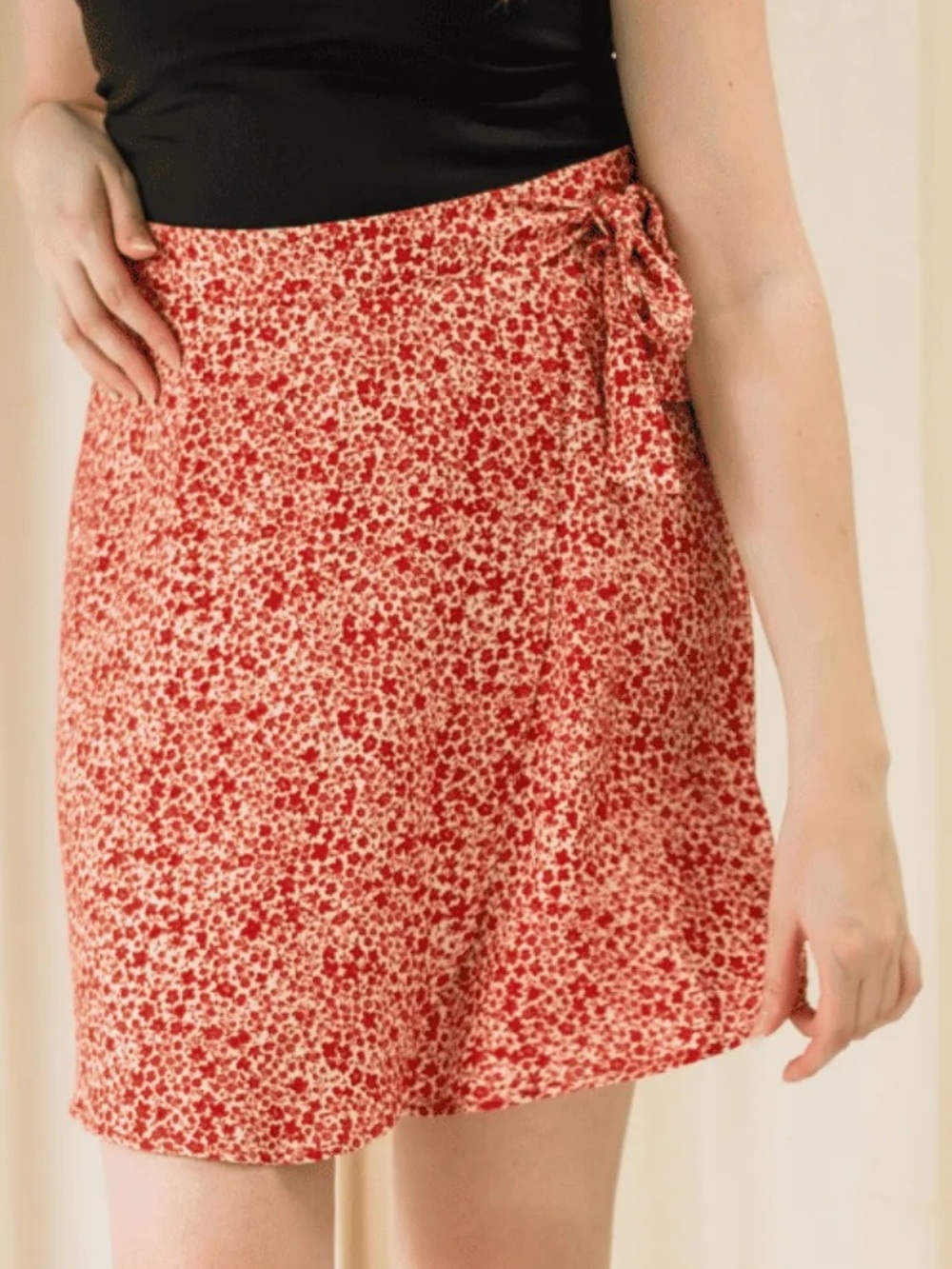 Red Ditsy Tie-Waist Mini Skirt